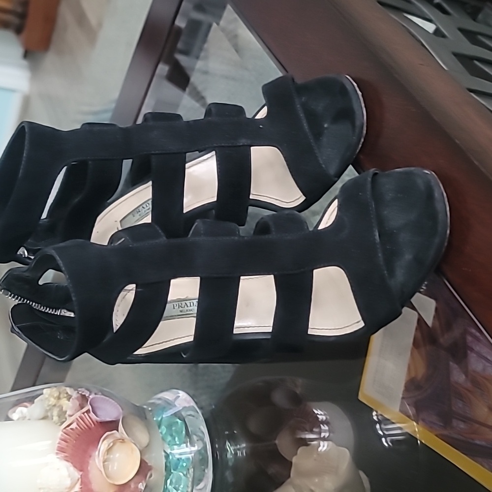 PRADA Women's Shoes Black 37.5 Suede Strappy Cage Block Heels Sandals